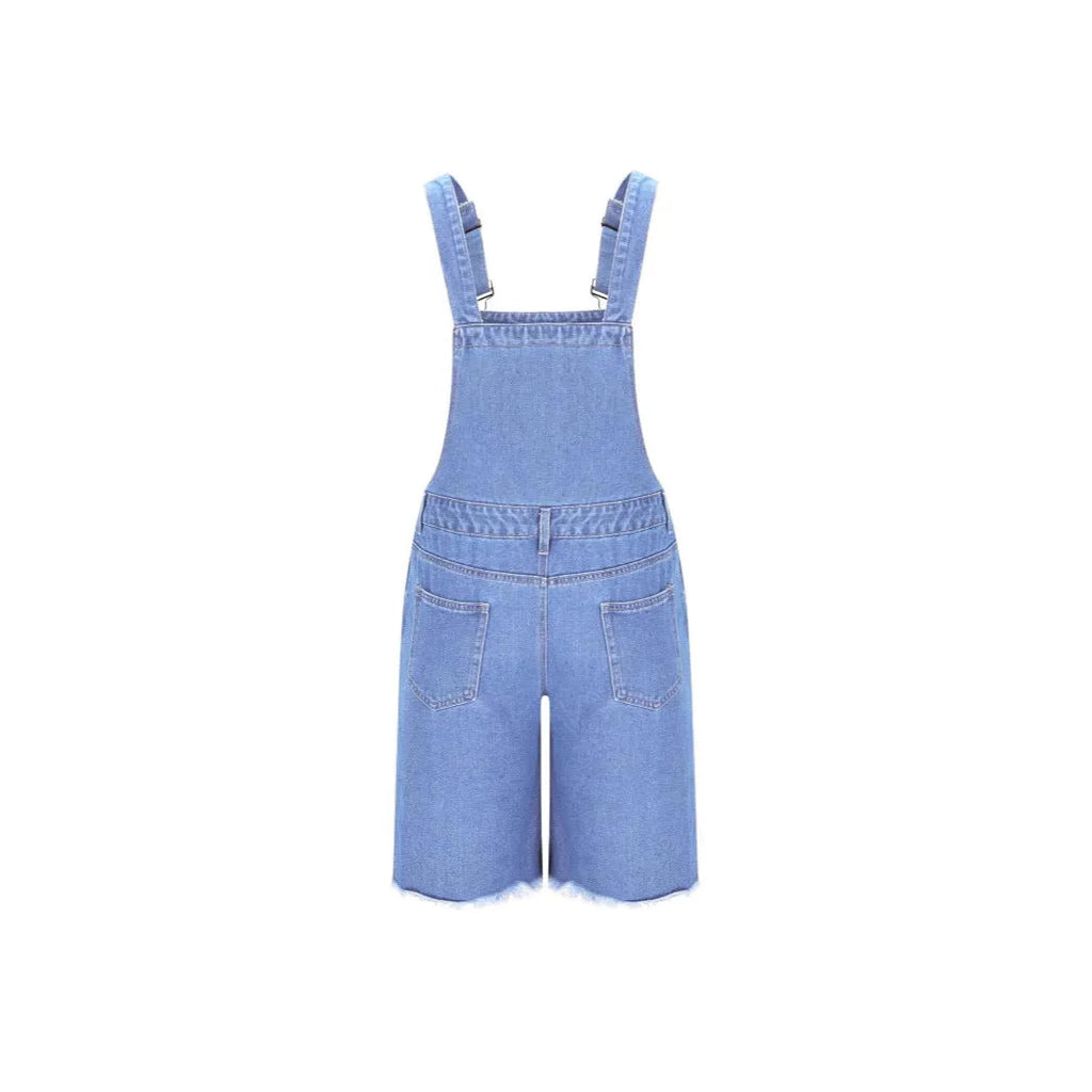 Men's cotton denim suspender shorts straight-leg mid-waist dark blue
