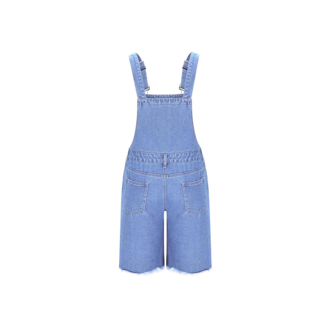Men's cotton denim suspender shorts straight-leg mid-waist dark blue