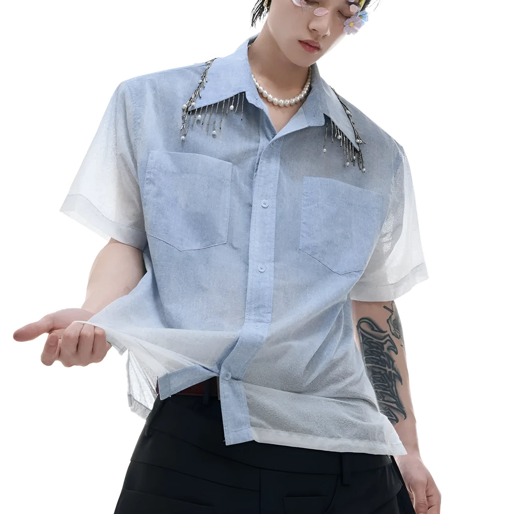 Men's blue and white gradient loose short sleeve shirt with quilted details