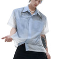 Men's blue and white gradient loose short sleeve shirt with quilted details