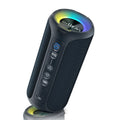 Black and blue fabric Bluetooth speaker with LED lights, showing side view with control buttons.