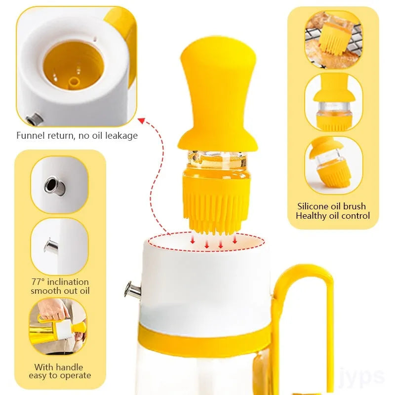 2-in-1 oil dispenser with silicone brush head and 304 stainless steel nozzle, 550ml glass bottle in yellow