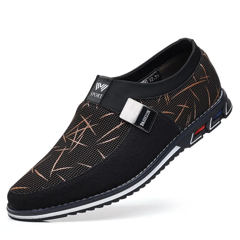Men's flat low-top casual shoes in synthetic leather with square toe and rubber sole, available in multiple colours and sizes 38-53