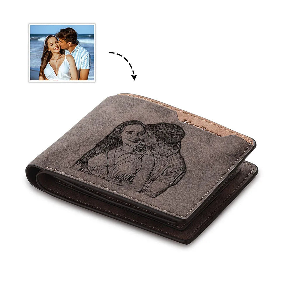 Coffee brown engraved horizontal short PU leather wallet showing front view with personalisation space.