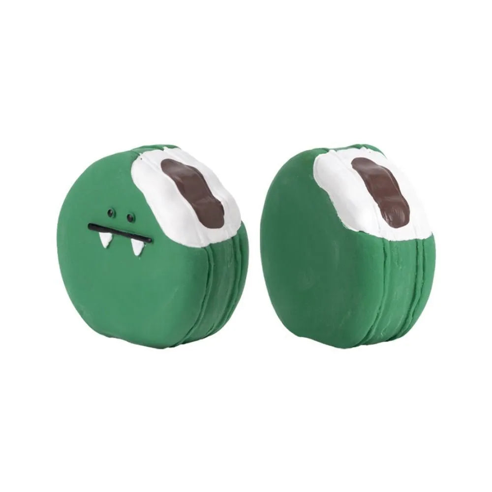 Yellow and green dog latex toy with cartoon pattern egg bread shape, bite resistant squeaky chew for puppies