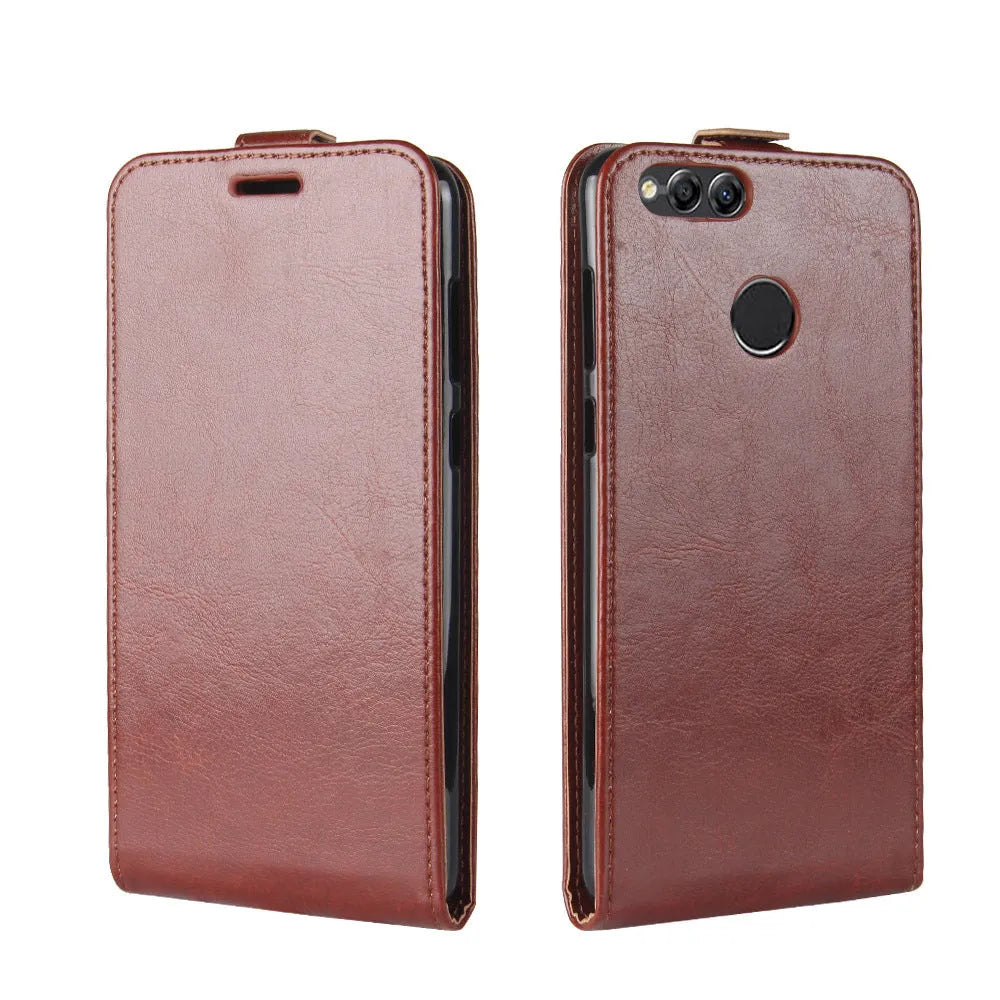 Black leather wallet case for Honor 7X phone showing card slots and business design.