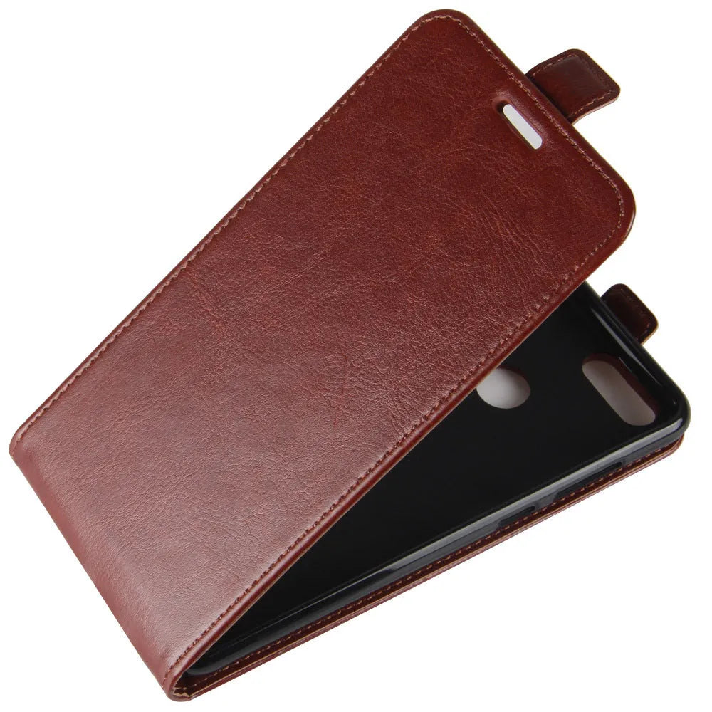 Black leather wallet case for Honor 7X phone showing card slots and business design.