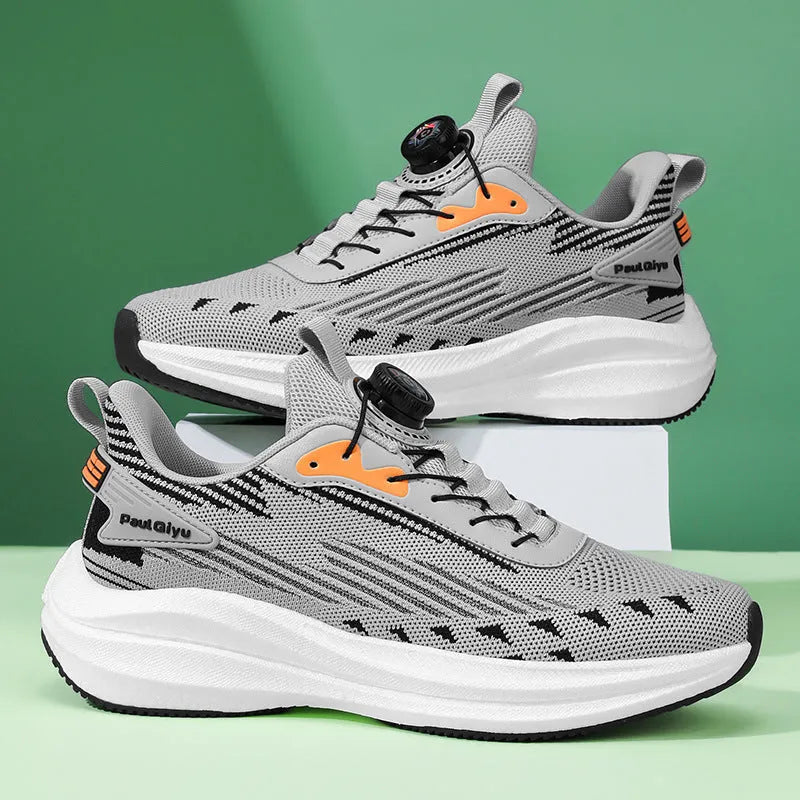 Men's white green rotating buckle sports shoes with Fly-kit mesh upper and TPU popcorn sole in low-top design