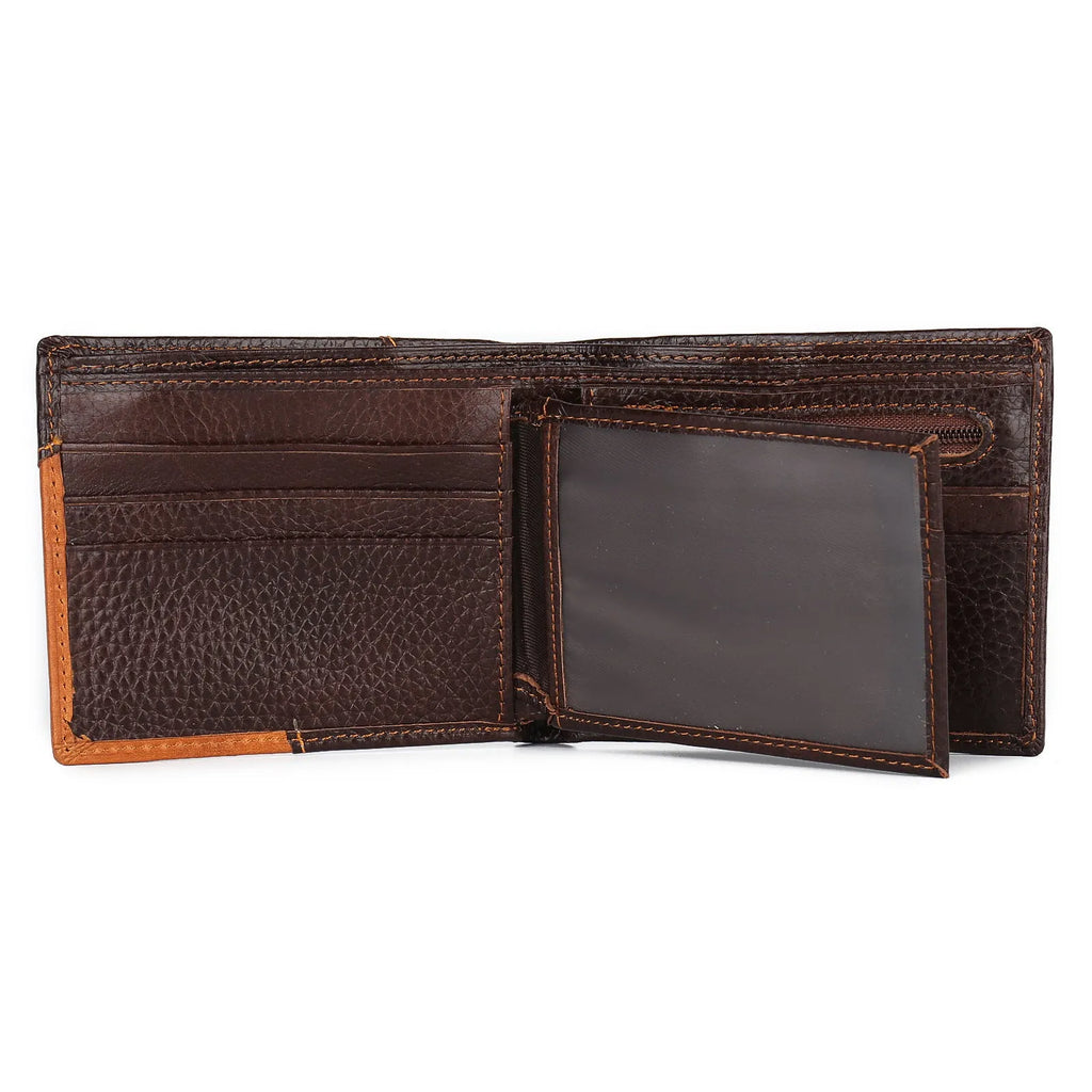 Cowhide leather wallet with personality stitching, horizontal square shape, and multiple internal compartments