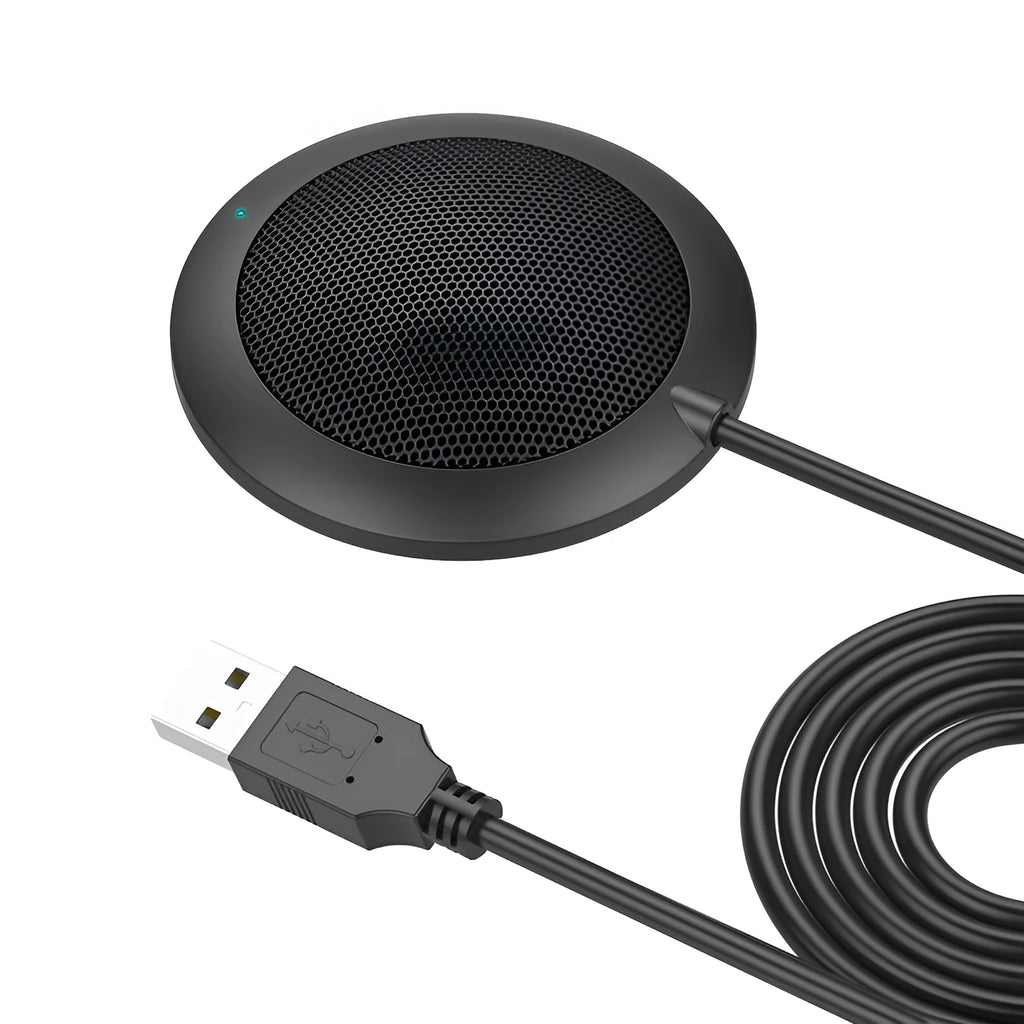 360 degree omnidirectional USB microphone in black, zinc alloy shell with metal mesh cover, 70mm diameter