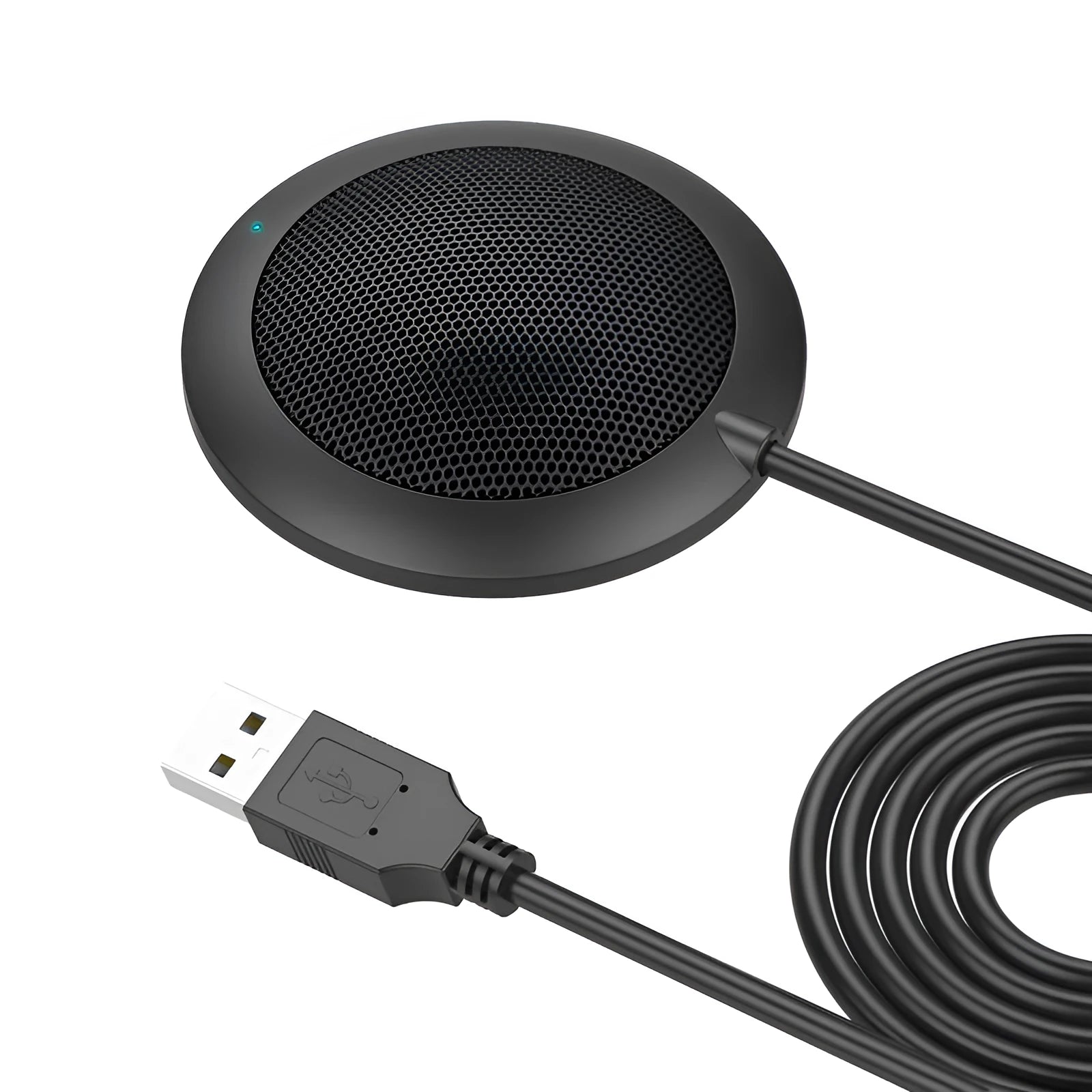 360 degree omnidirectional USB microphone in black, zinc alloy shell with metal mesh cover, 70mm diameter