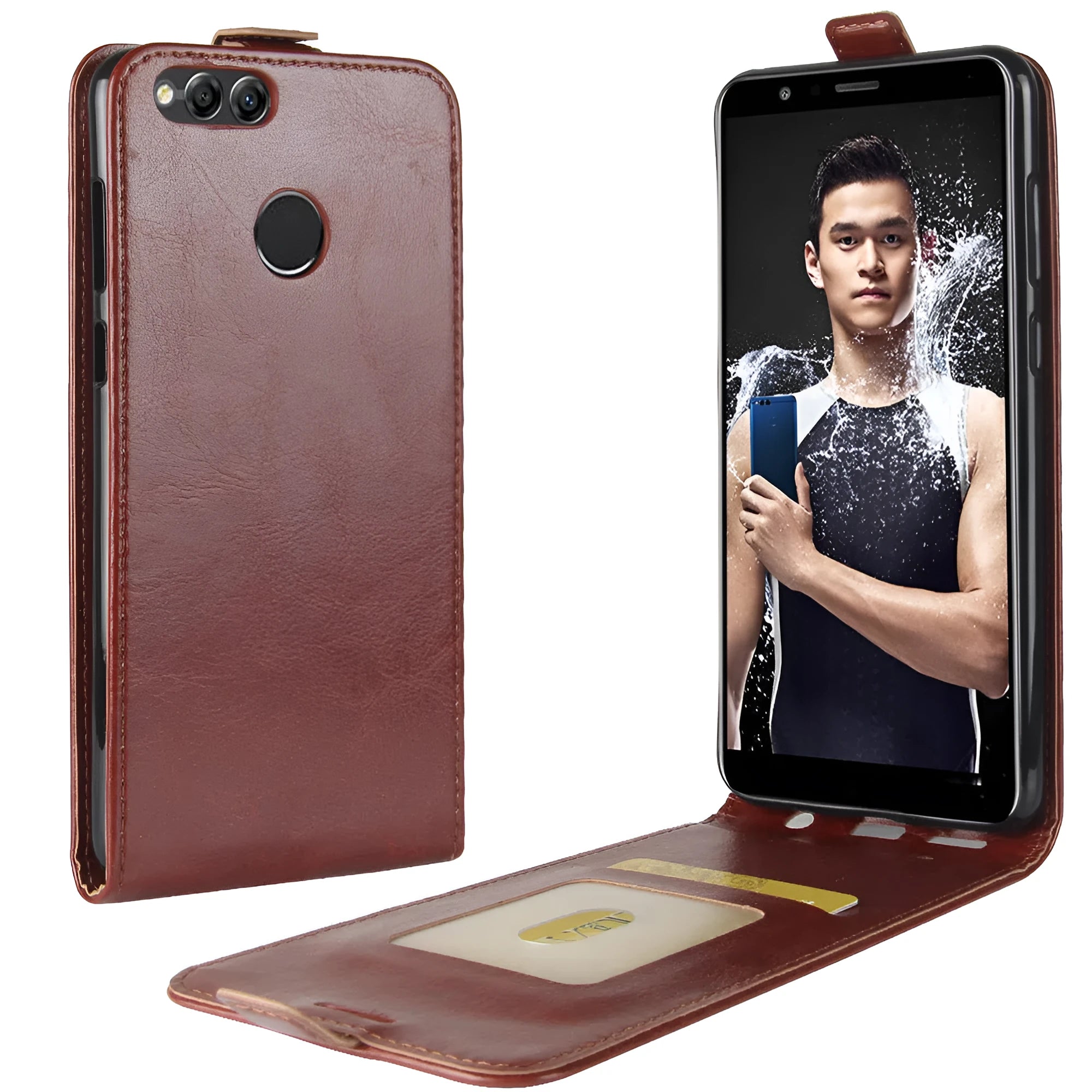 Black leather wallet case for Honor 7X phone showing card slots and business design.