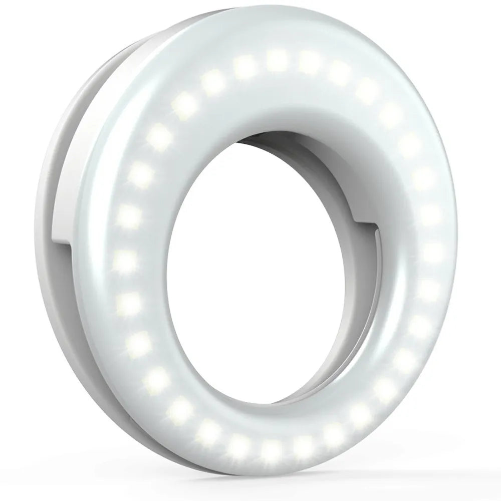 Compact black ring light for smartphones with USB charging port and adjustable settings.