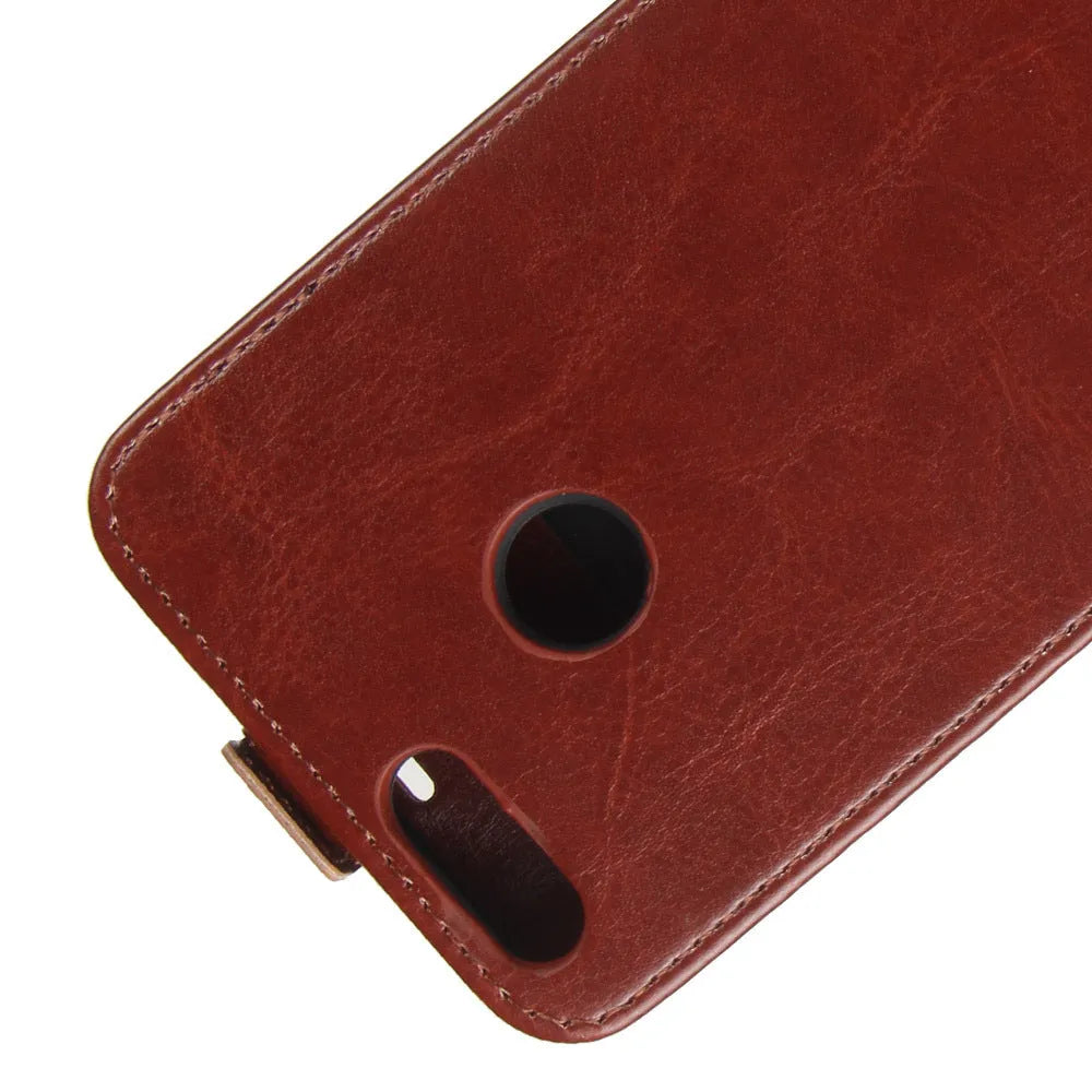 Black leather wallet case for Honor 7X phone showing card slots and business design.