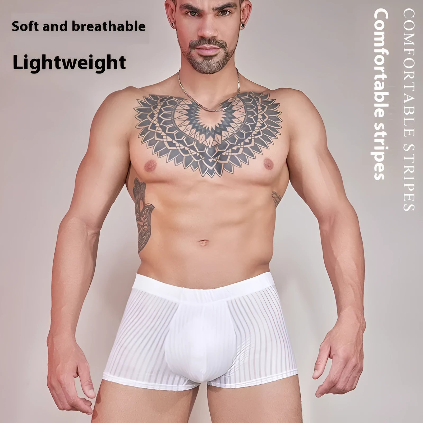 Men's striped underwear briefs in thin transparent nylon fabric showing black white dark grey colour options