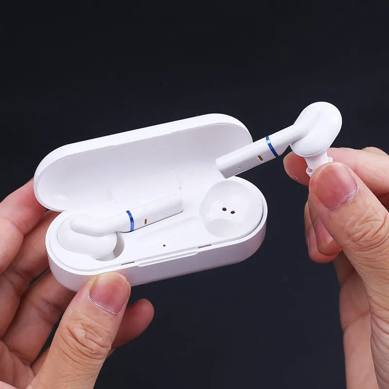 VV1 Bluetooth earphone in black with charging box, featuring Jerry Solution V5.0 and 50 mAh battery