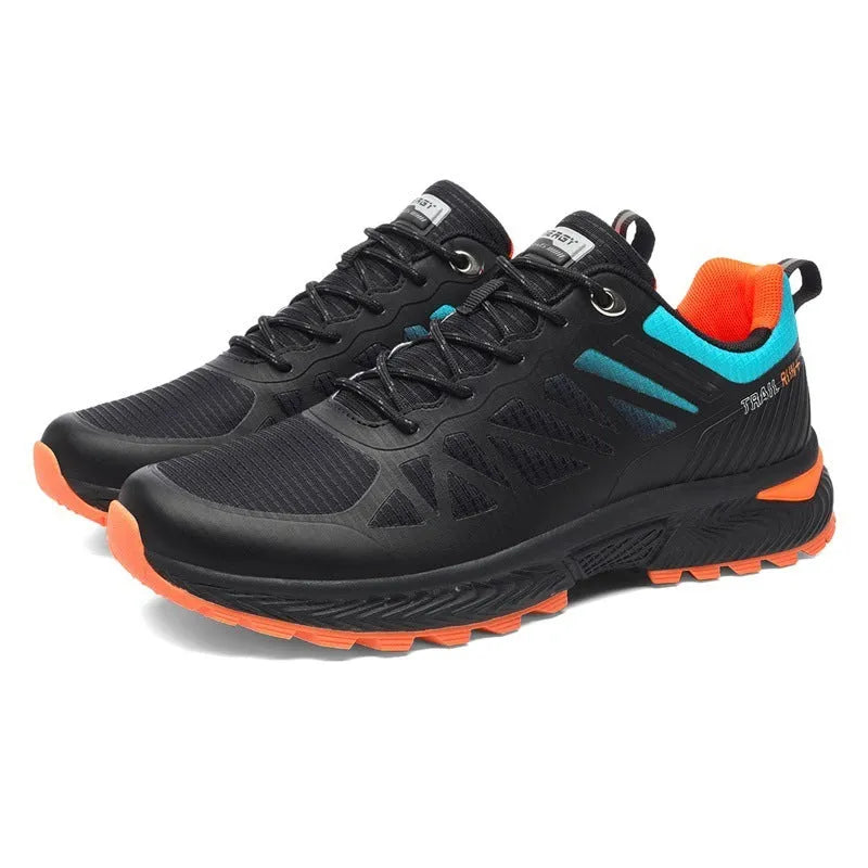 Men's black and orange breathable mesh running shoes with lace-up front and rubber sole