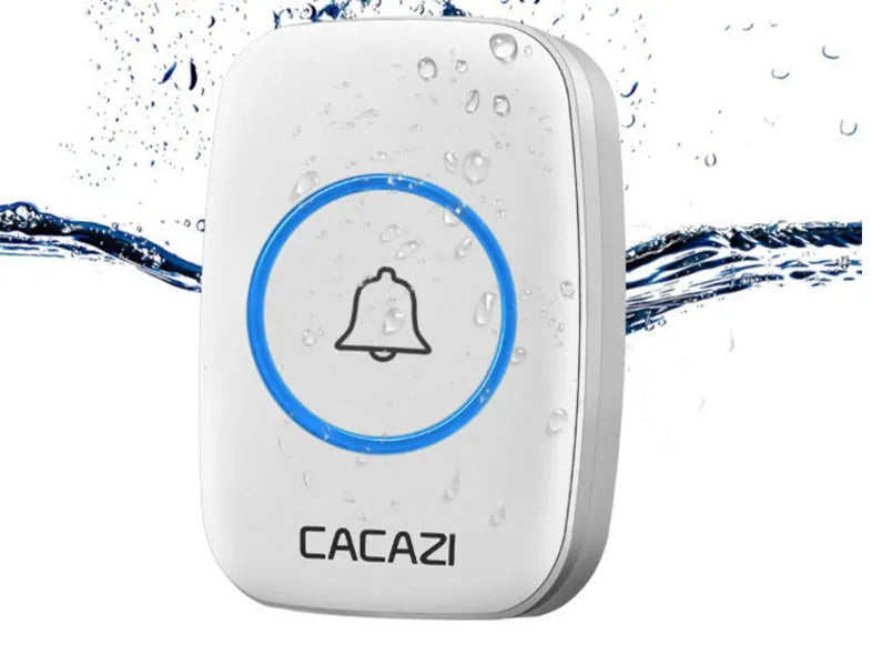 Wireless doorbell system with plug-in receiver and battery transmitter showing 300m range and 36 melody options