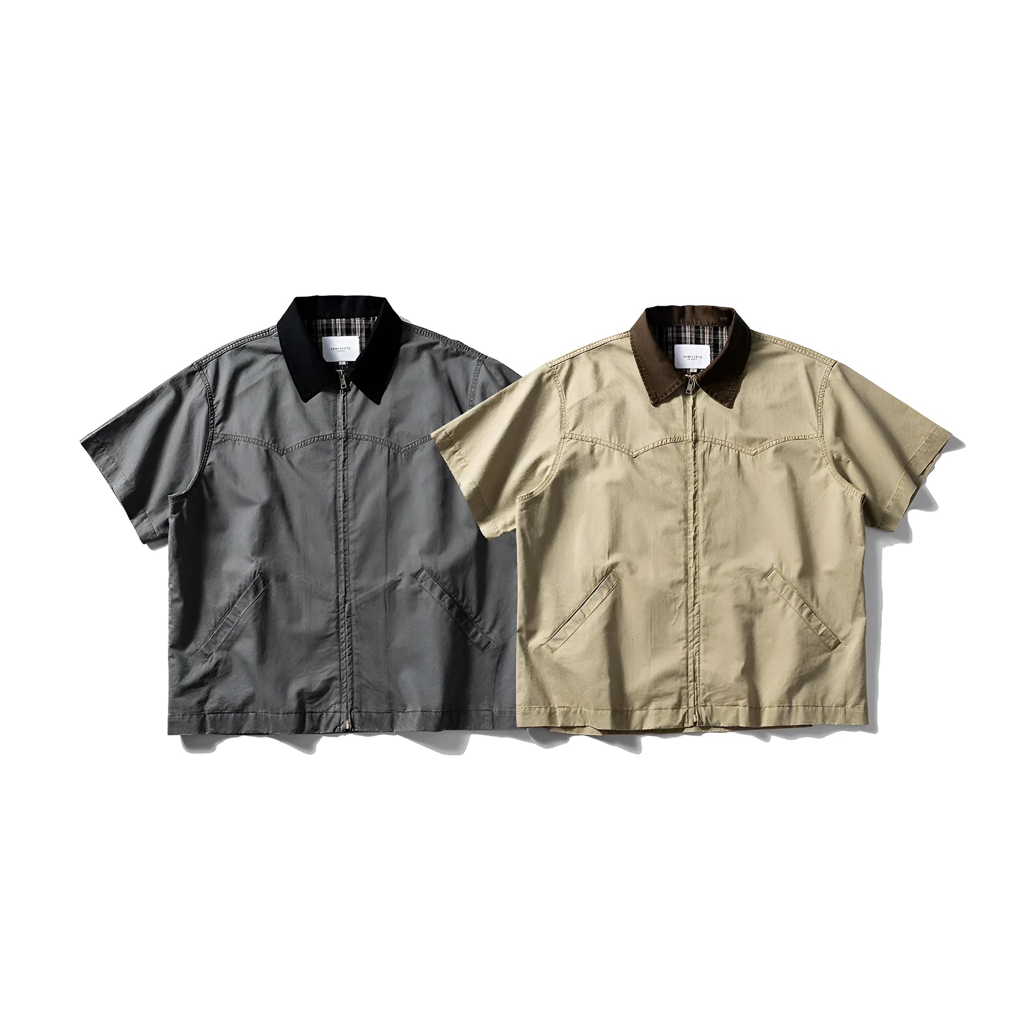 Washed cotton short-sleeve overalls shirt in loose cardigan style for teenage leisure wear