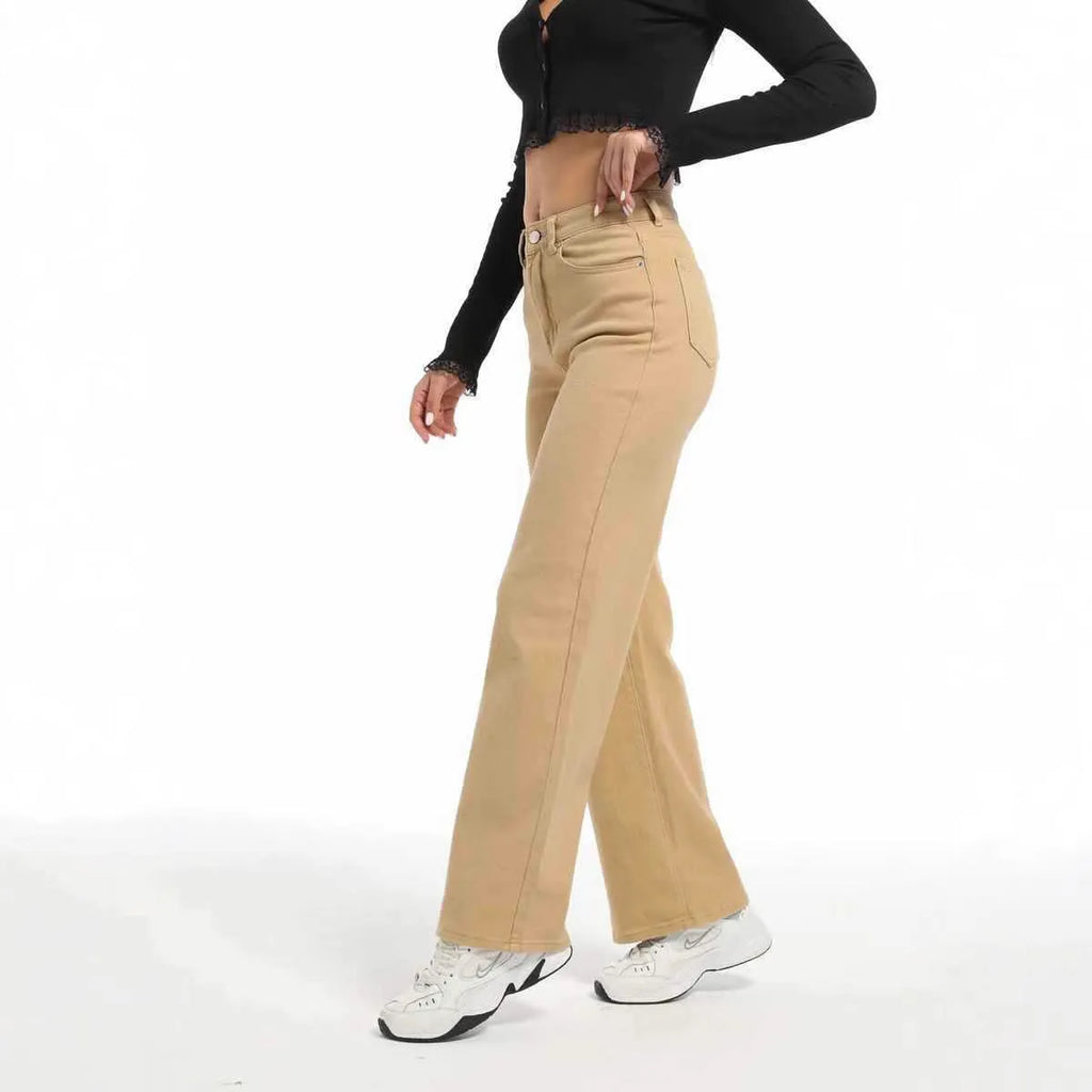 Women's autumn straight leg jeans in apricot colour with wide leg design and high waist