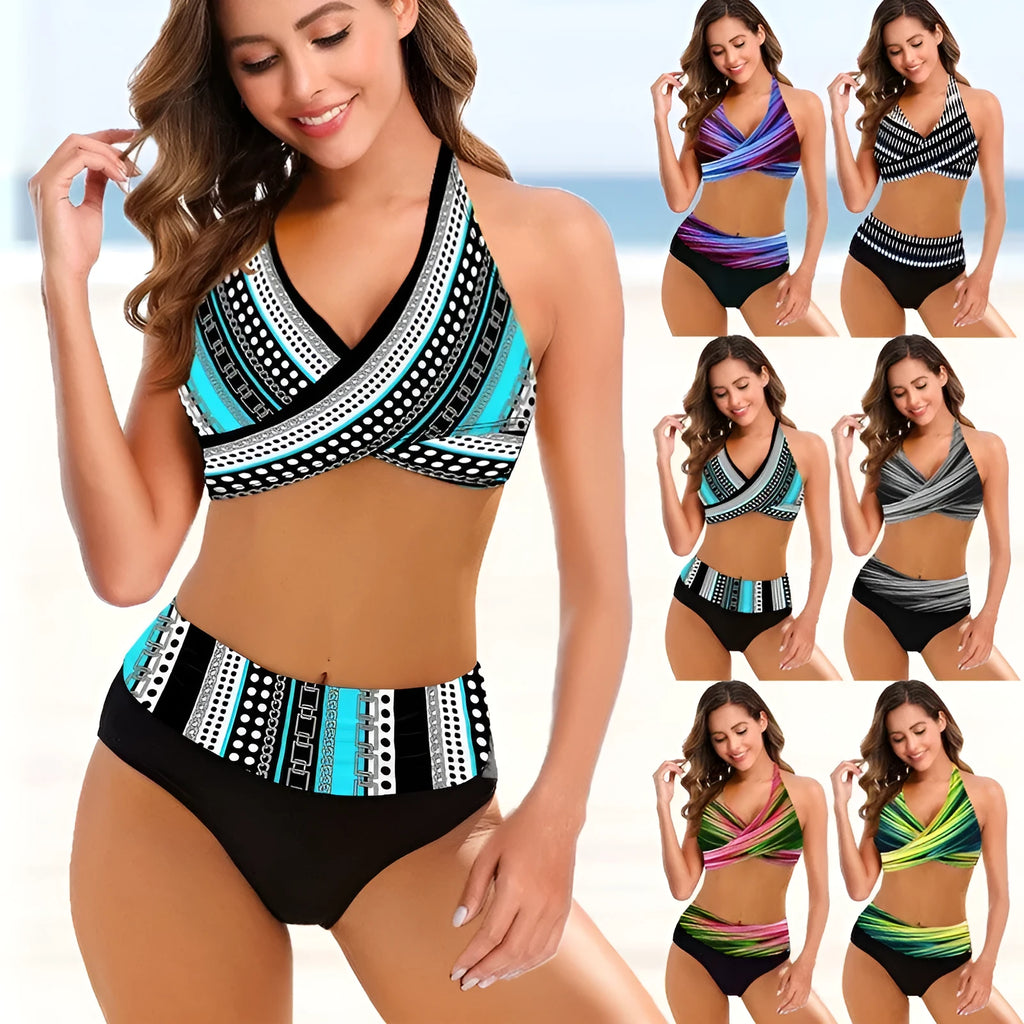 Women's striped tie-dye hollow out bikini swimsuit with high waist briefs.