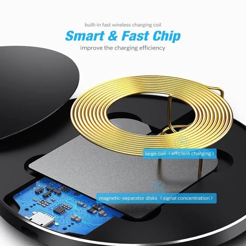 Black ultra-thin wireless fast charging base measuring 98mm square with 6.5mm thickness