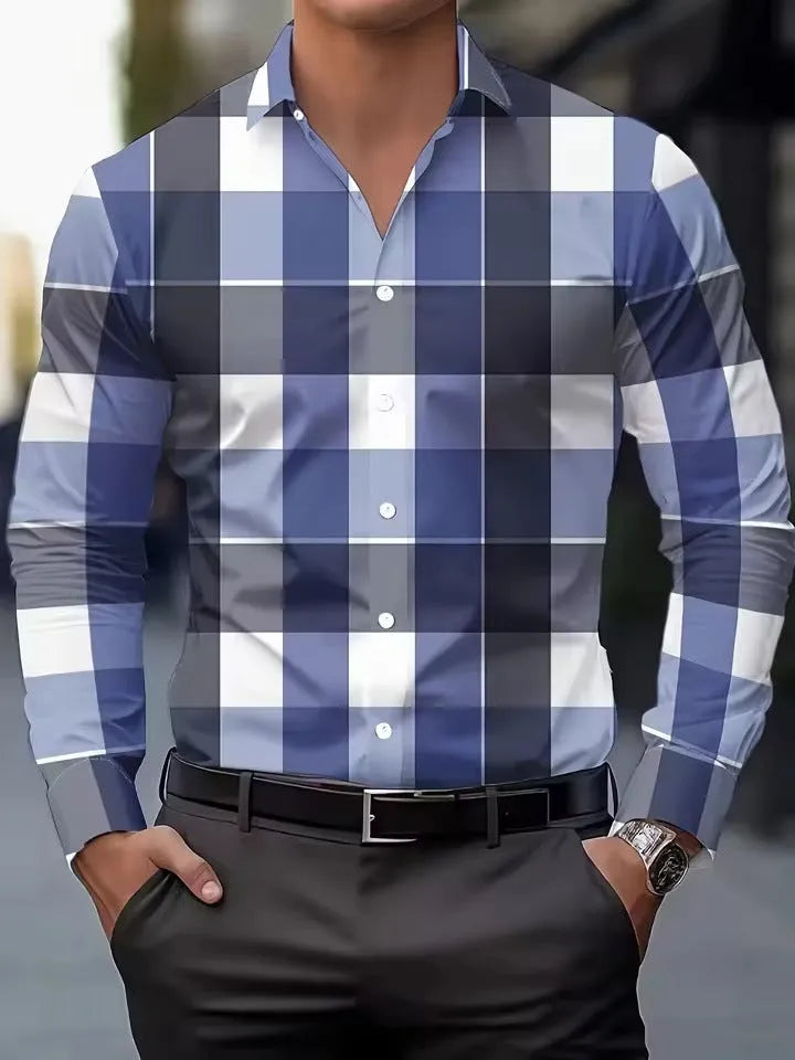 Men's striped button-up long sleeve shirt in polyester fabric with lapel collar
