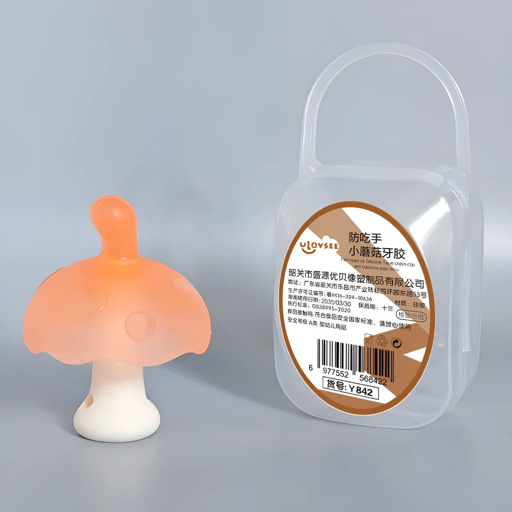 Small pink mushroom-shaped latex gum inside a transparent box with a silver chain.