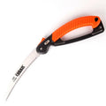 Folding garden hand saw with a 9-inch metal blade and black TPR grip handle, shown both open and closed.