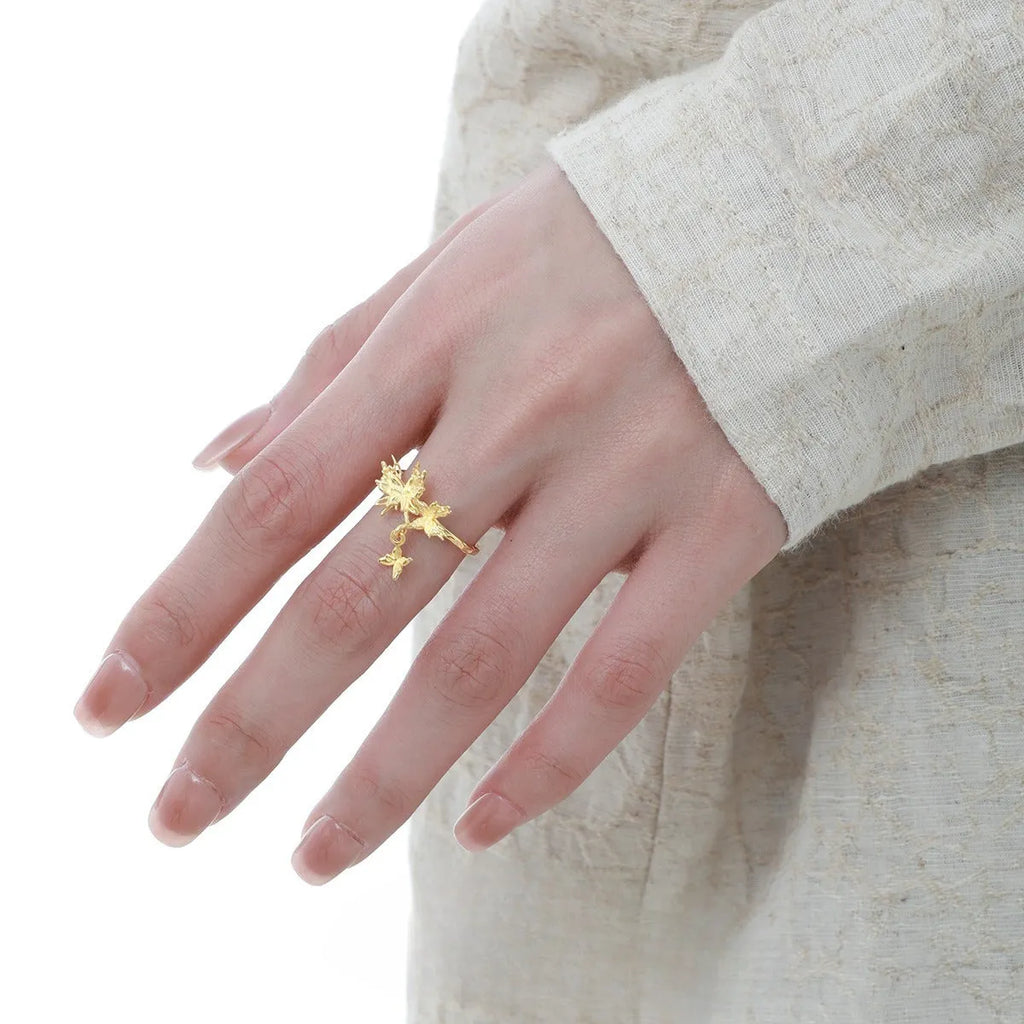 Silver butterfly adjustable ring with electroplated gold or white gold finish