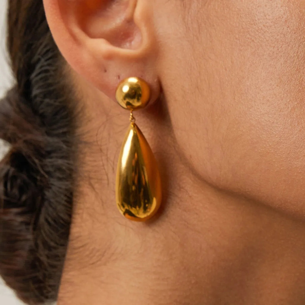Gold electroplated stainless steel hemisphere water drop pendant earrings for women