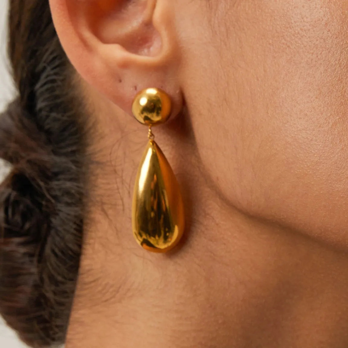 Gold electroplated stainless steel hemisphere water drop pendant earrings for women
