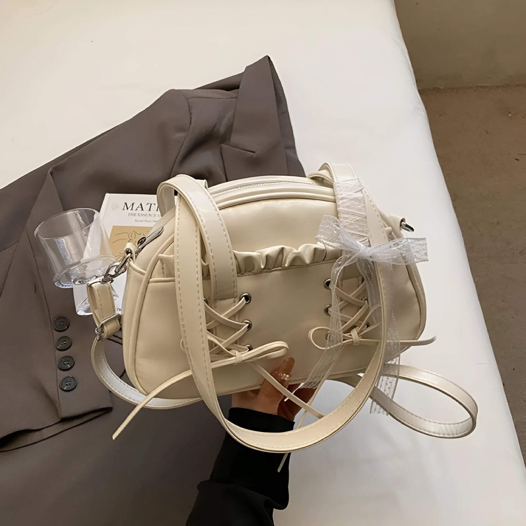 Women's bandage bow design PU leather shoulder handbag with mobile phone compartment in four colour options