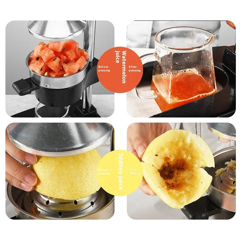 A black cast iron manual juicer with a stainless steel strainer, standing 40cm tall on a kitchen counter.