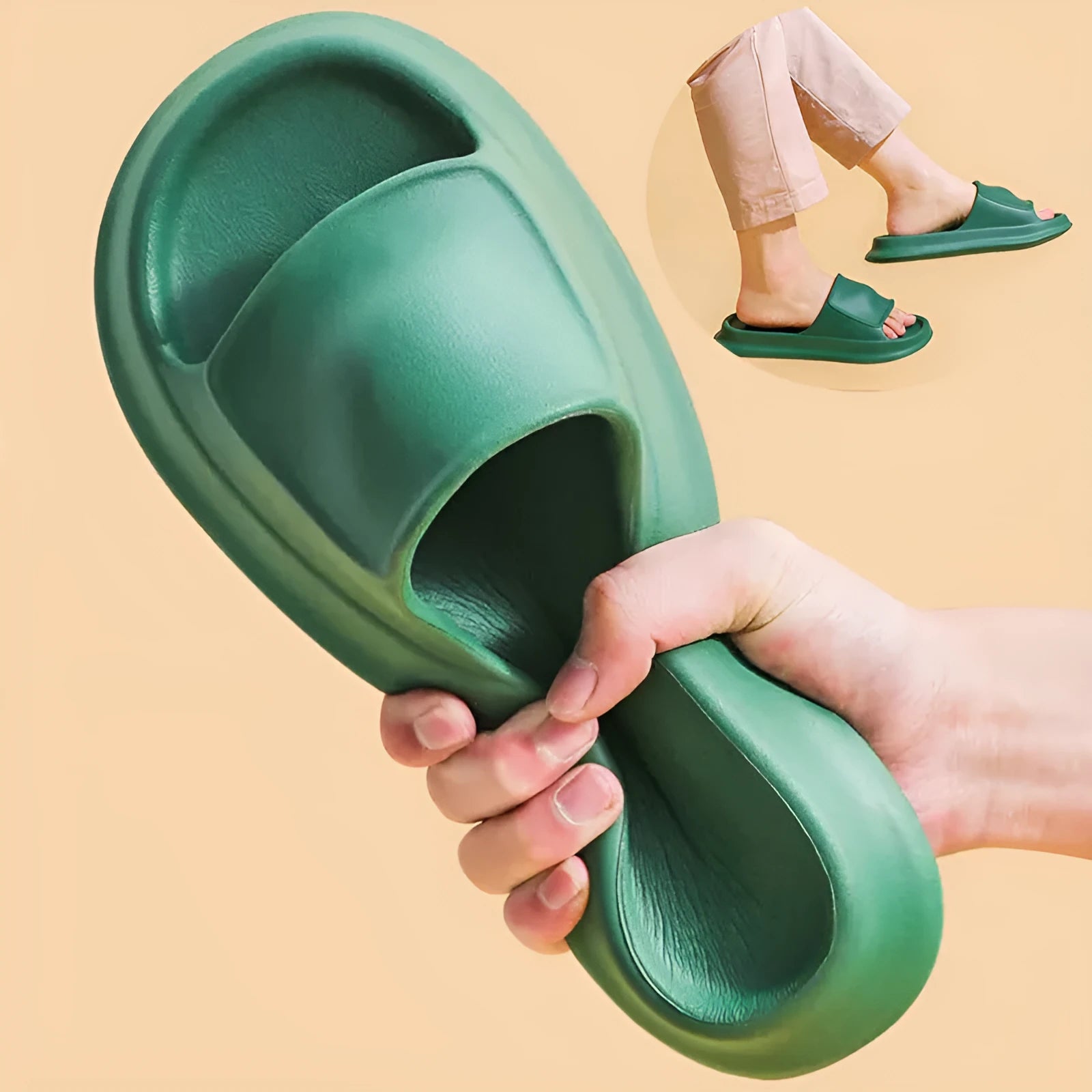 EVA flip-flop slippers with thick non-slip sole in various colours on a white background.