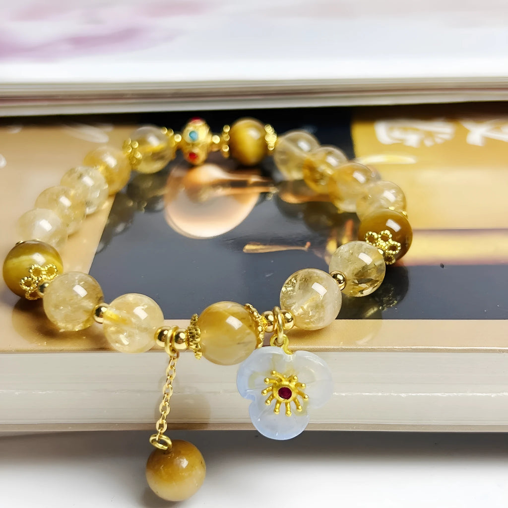 Citrine crystal flower tassel bracelet for women, handmade original design