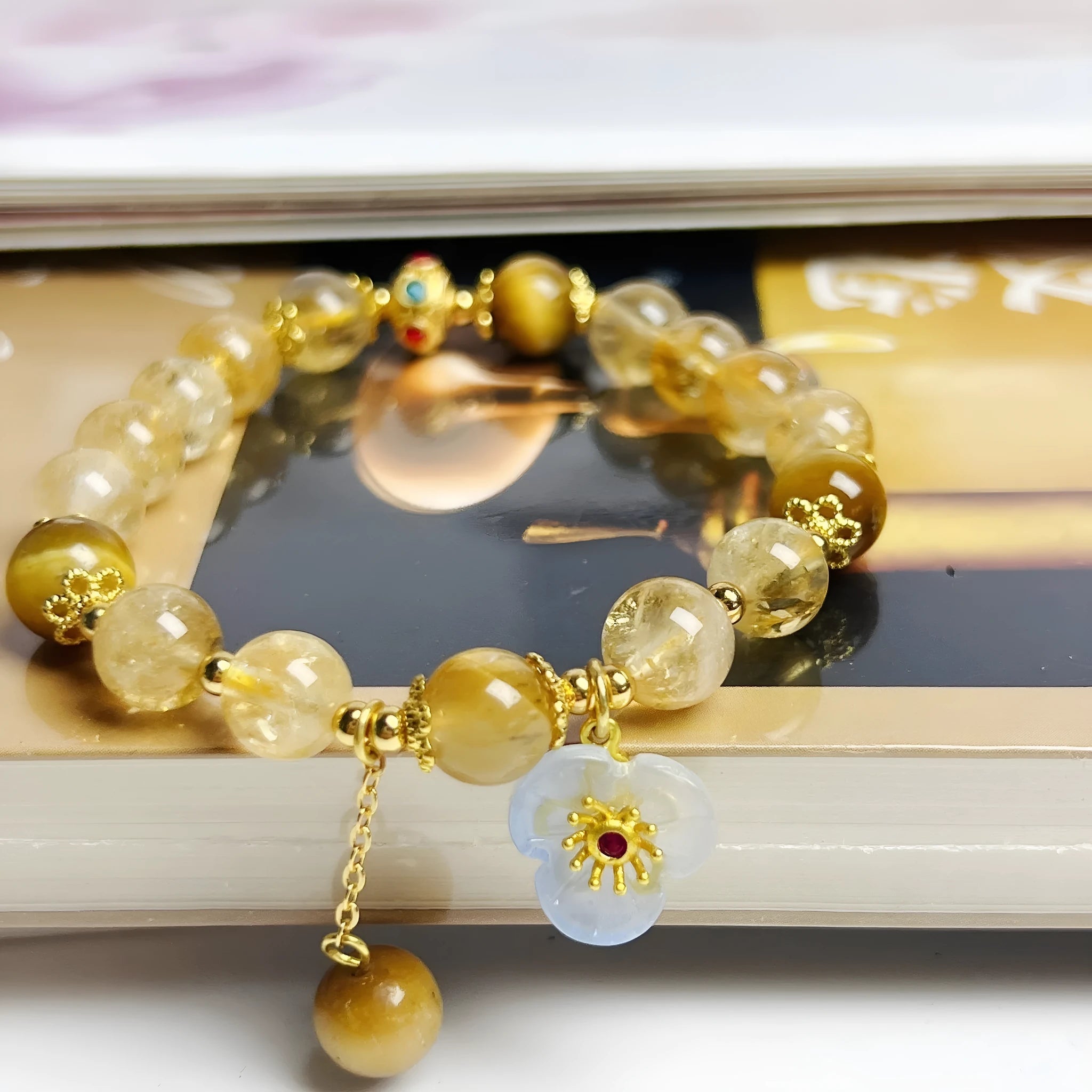 Citrine crystal flower tassel bracelet for women, handmade original design