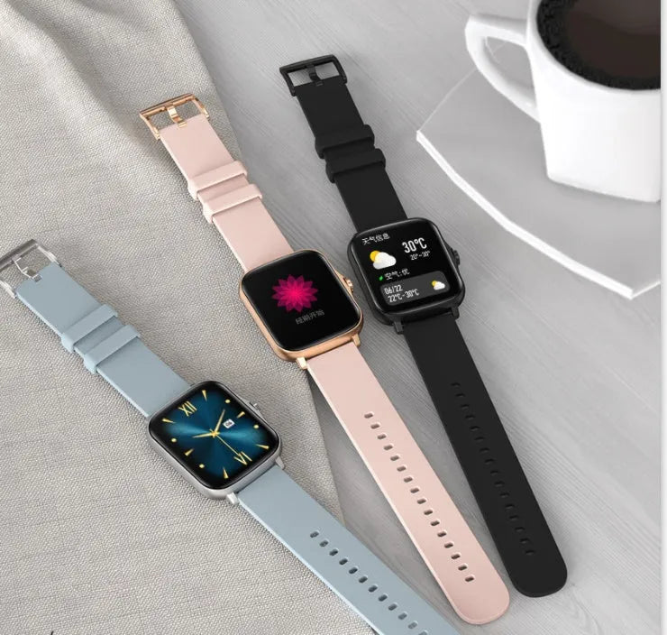 Blue smart sports watch with 1.7-inch touchscreen display showing heart rate monitoring interface