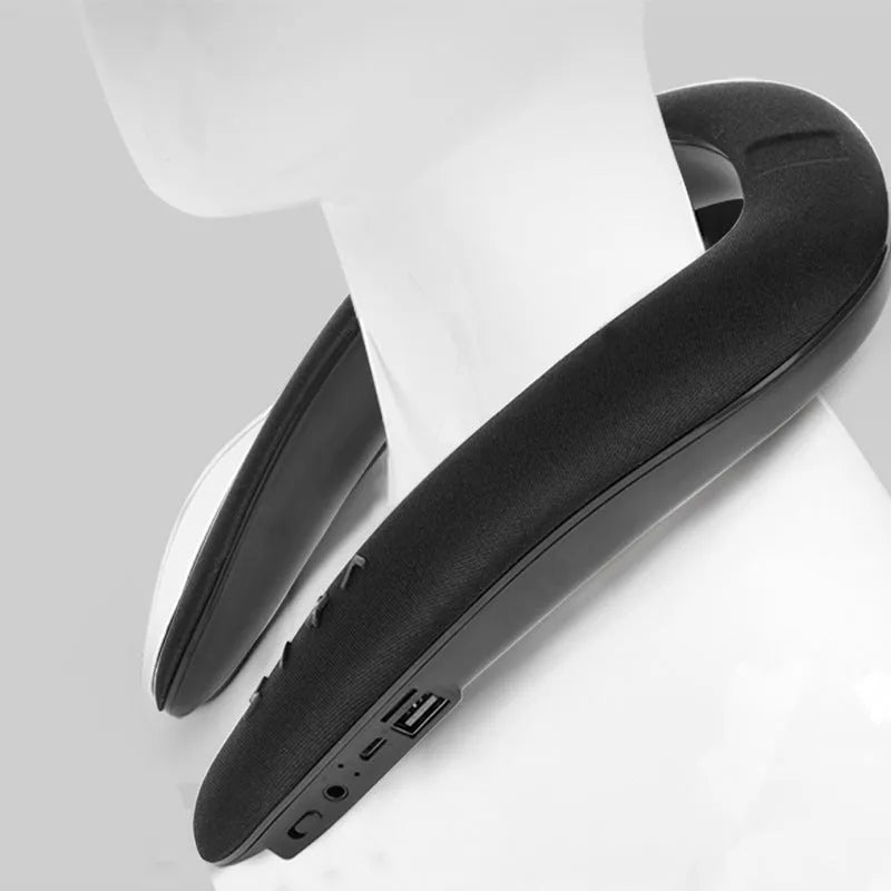 Hanging neck-mounted U-shaped bib Bluetooth sports running speaker in blue with plastic body and waterproof design