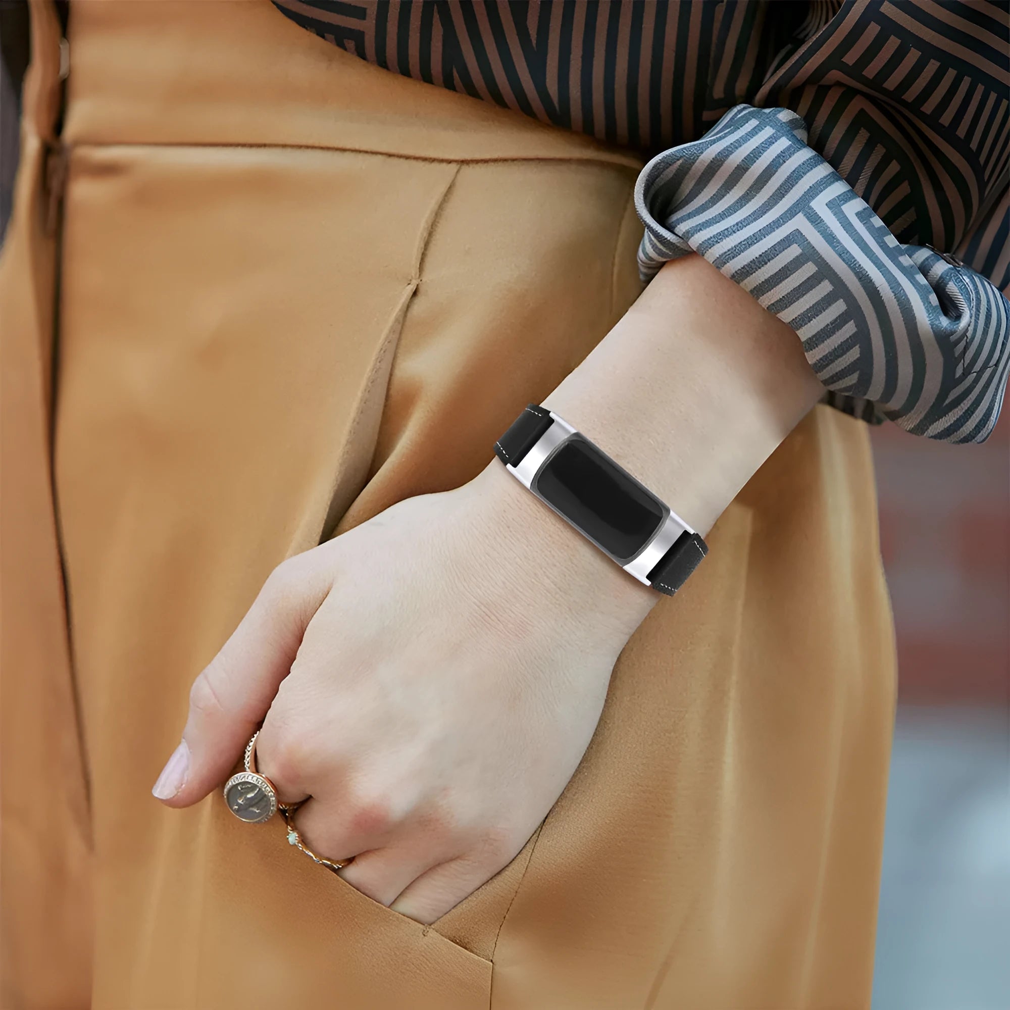 Genuine leather watch strap for Fitbit Charge 5 and Charge 6 smartwatches in apricot colour.