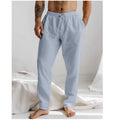 Summer men's cotton linen trousers in khaki, loose fit with elastic drawstring waist, straight leg