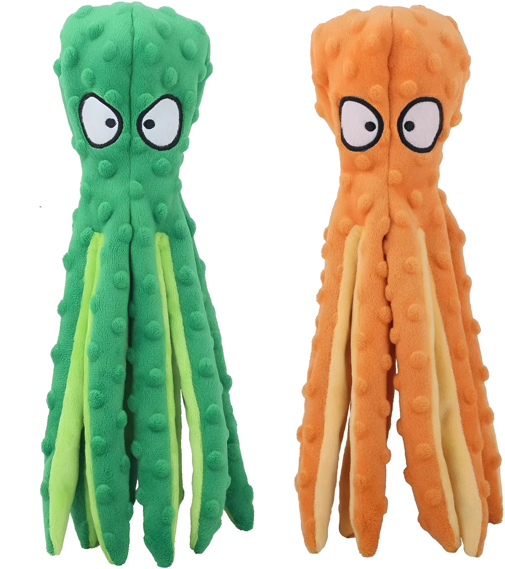 Blue octopus plush dog toy with no stuffing, featuring crinkle paper and squeaker sounds for interactive chew play.