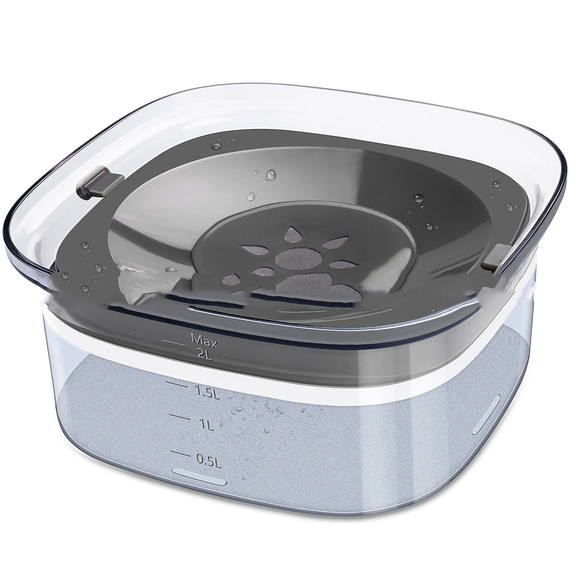 Transparent 70oz/2L dog water bowl with visible water level and floating disk