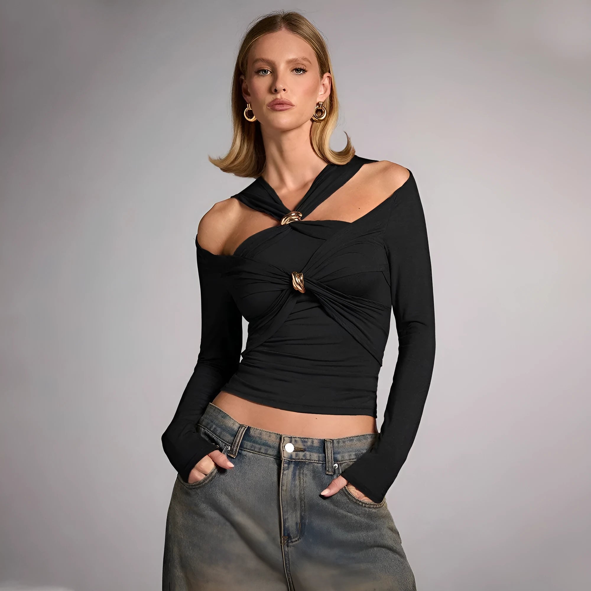 Black polyester women's halter top with long sleeves and slim fit