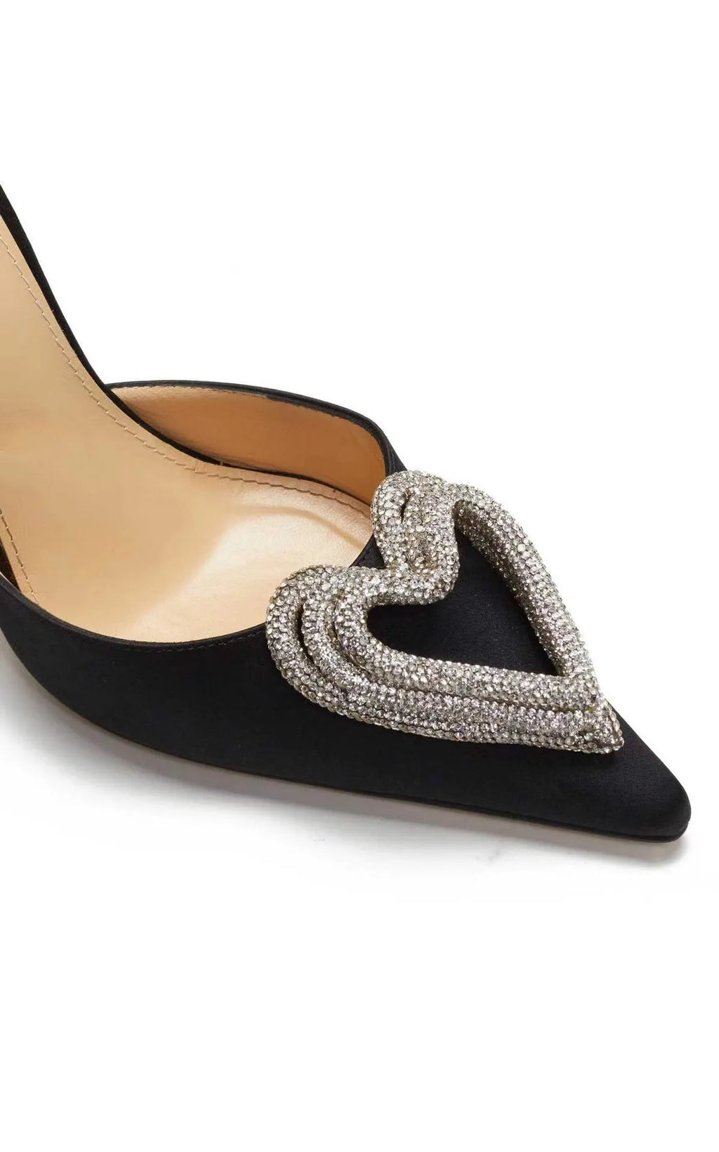 Women's pointed toe satin sandal with heart rhinestone cross strap in black pink or white