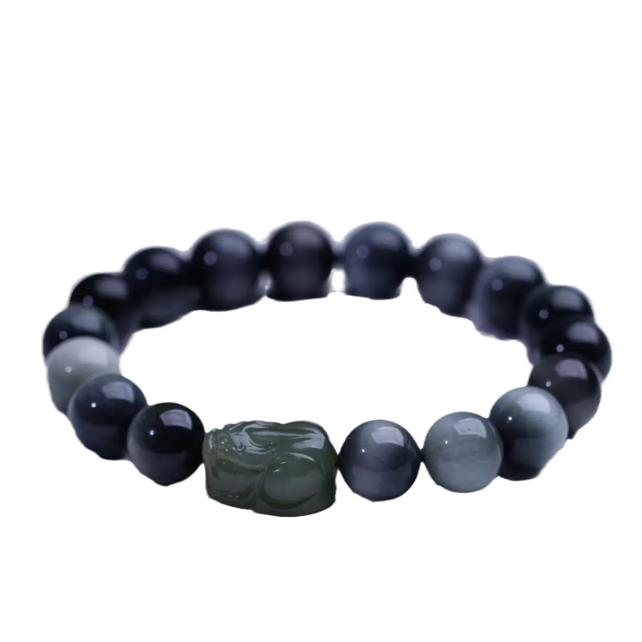 10mm black eagle eye stone and natural Hetian jade clear water Pixiu bracelet on a neutral background
