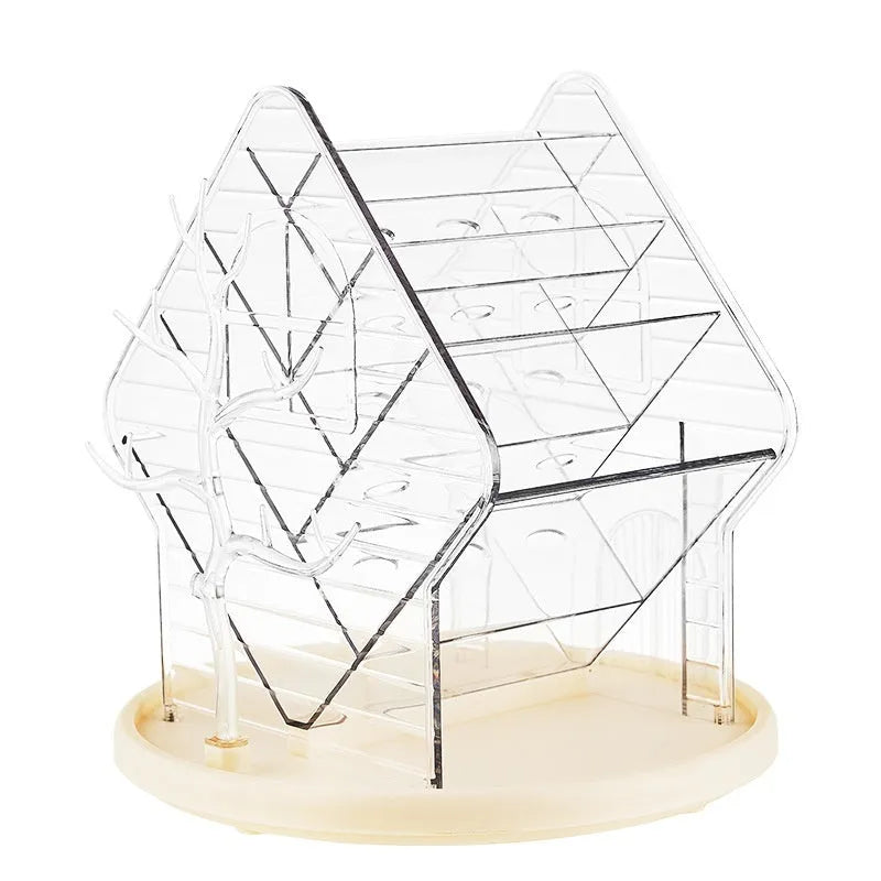 Clear and amber gold rotating plastic cosmetics storage box organiser with 360-degree spin base.