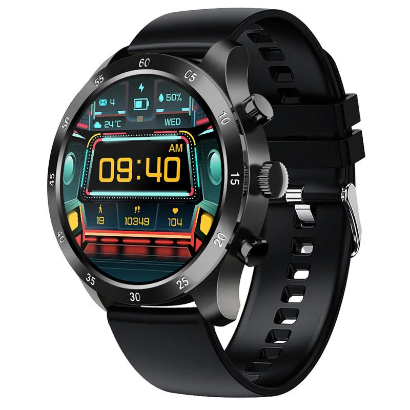 Black Bluetooth smartwatch with steel strap showing call interface and health metrics on screen.