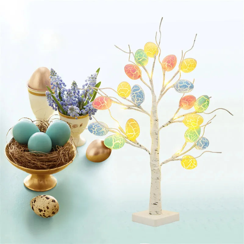 60cm LED birch tree with warm white lights and cracked egg ornaments on a tabletop