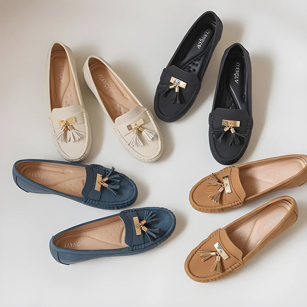 Mid-heel height increasing slip-on shoes in nude, black, blue and brown colours with round toe shape